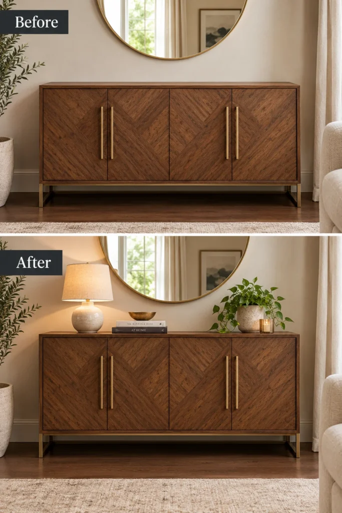 Before and after style comparison showing a bare, empty cabinet top next to the same cabinet styled with a grouped vignette of decor