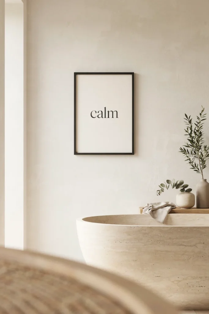Black and white minimalist framed print with a single word like calm in thin elegant typeface, spa style bathroom with neutral tones and soft diffused light, quiet sophisticated mood