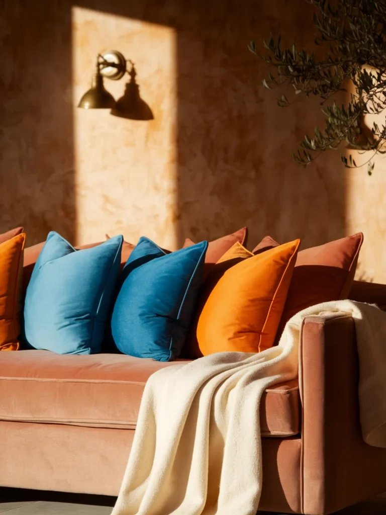 Blue and orange pillows with cream throw on a sofa in a living room
