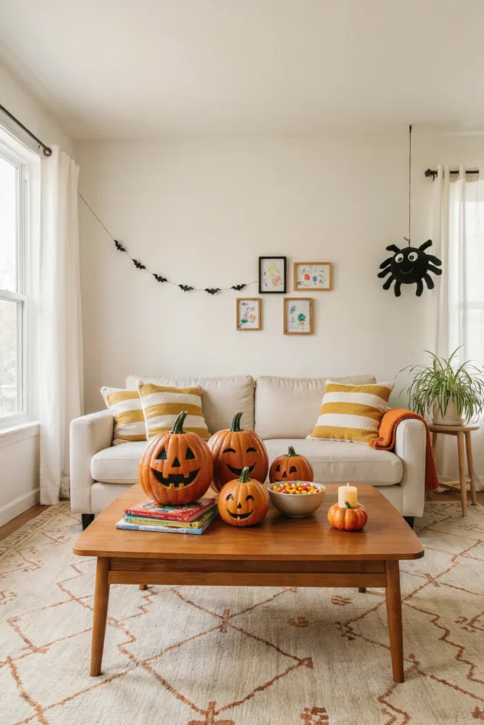 Bright cheerful living room with friendly jack o lanterns, cartoonish spider decor, and candy corn colored accents, kid friendly playful Halloween styling, natural daylight]