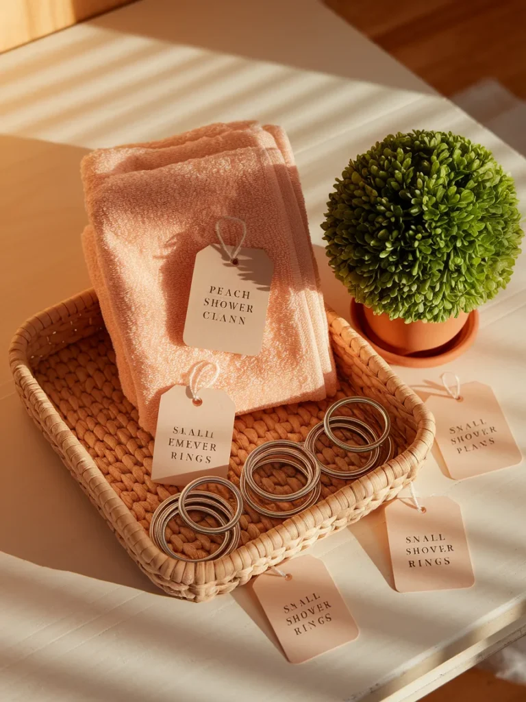 Budget friendly apartment bathroom decor ideas including curtain, towels, plant, and tray.