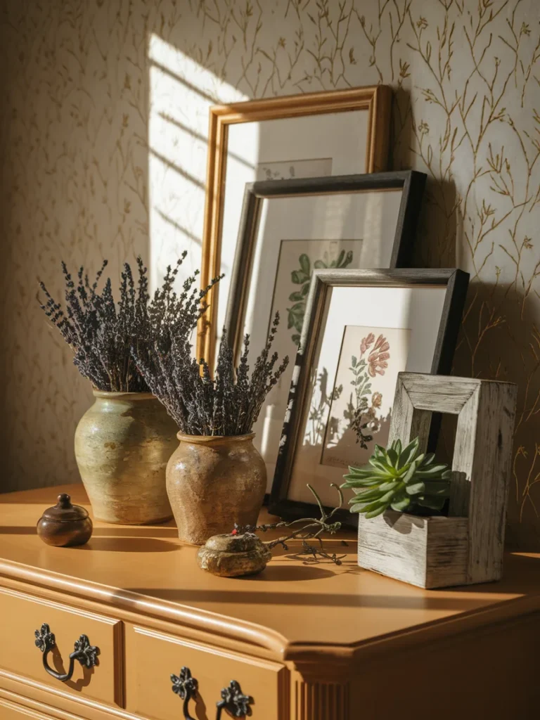 Budget-friendly bedroom bureau decor supplies including frames, drawer pulls, jar, and plant