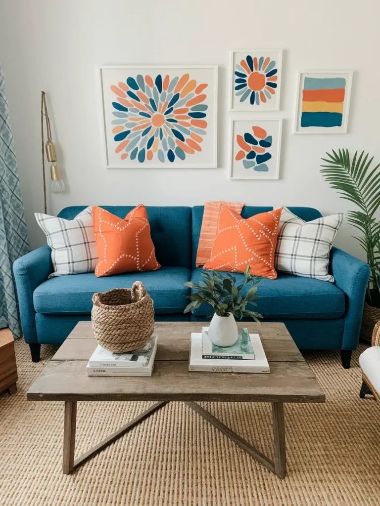  Budget friendly blue and orange living room decor supplies including fabric, paint, canvas, and swatches