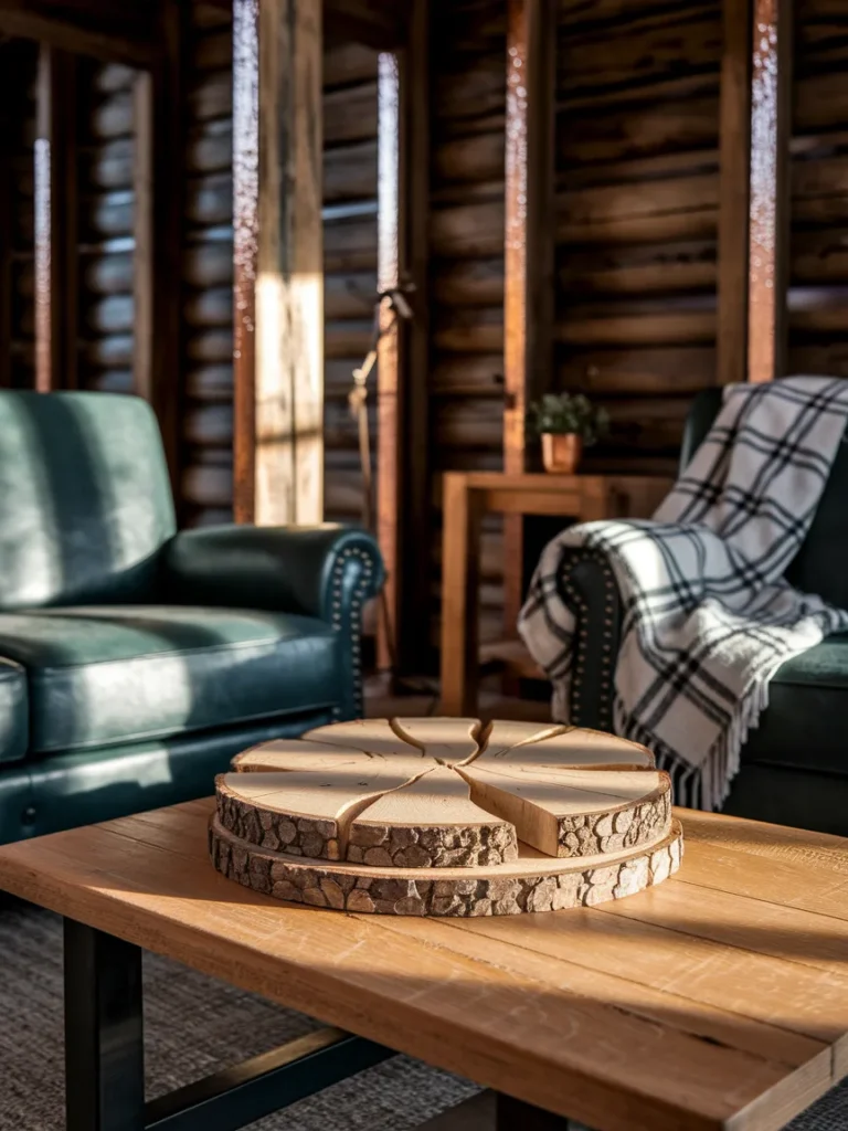 Budget-friendly cabin living room decor supplies including wood slices, copper paint, and plaid fabric