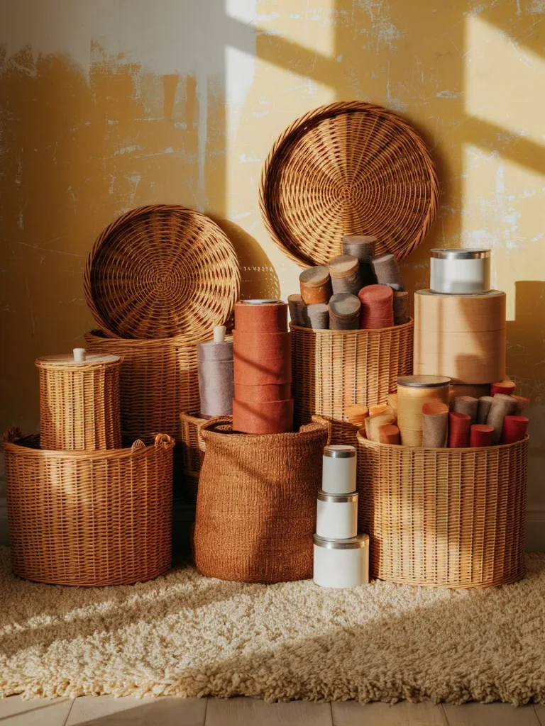  Budget friendly living room wicker basket decor supplies including thrifted baskets, paint, and fabric