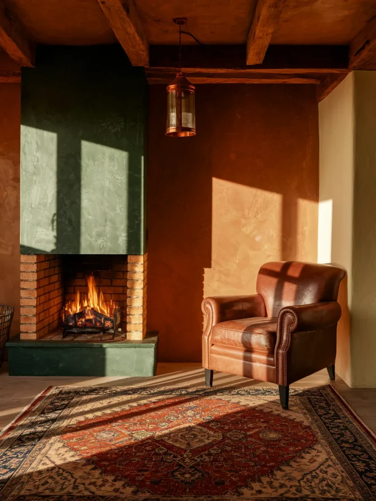 Cabin living room decor color palette with brown, forest green, rust, cream, charcoal, and copper