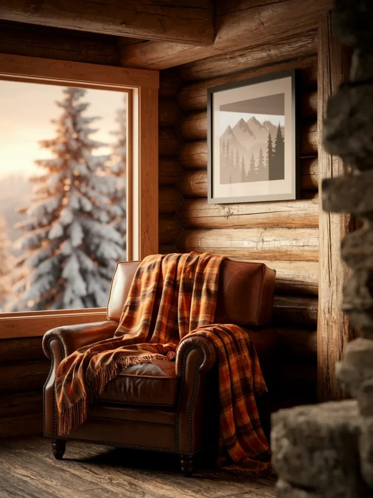 Cabin living room decor corner with wood beam, leather chair, plaid blanket, and mountain print
