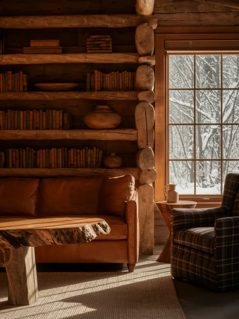 Cabin living room furniture with leather sofa, plaid armchair, live edge table, and wood shelf