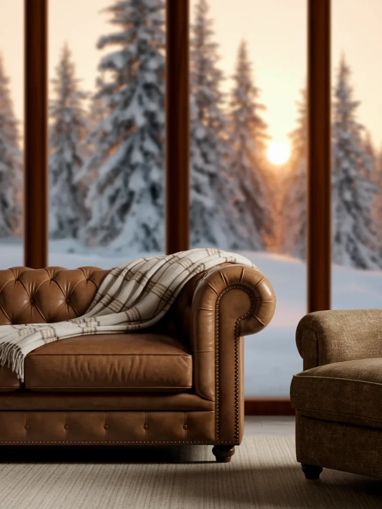 Caramel leather sofa and earthy armchair in a cabin living room with plaid throw