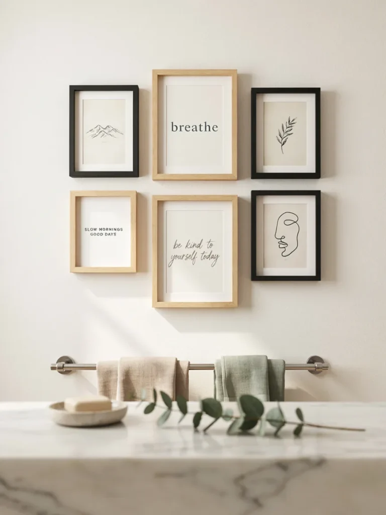 Small gallery wall of framed motivational quote prints and simple line art arranged above a bathroom towel bar, curated personal wall decor