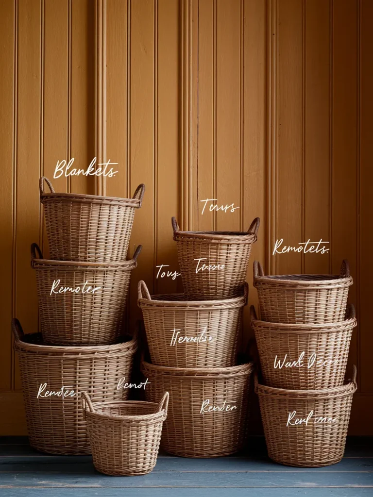  Chart of living room wicker basket types with sizes for blankets, remotes, toys, and wall decor