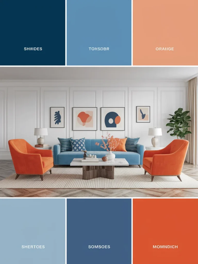 Chart of popular blue and orange living room decor shade pairs and the mood each creates