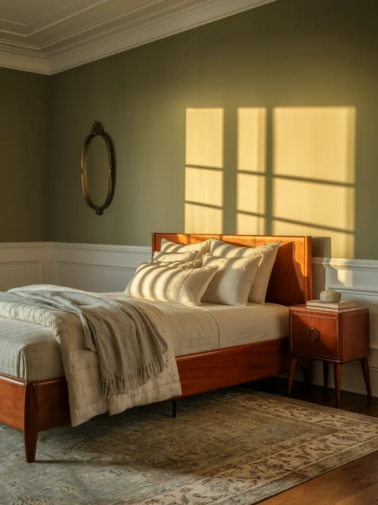 Cherry wood furniture bedroom decor ideas with sage green wall and cream accents