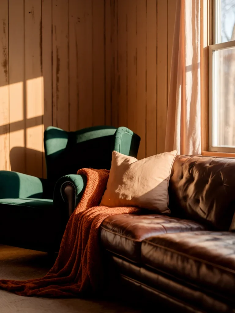 Classic cabin colors in a living room with green chair, rust throw, and brown leather sofa