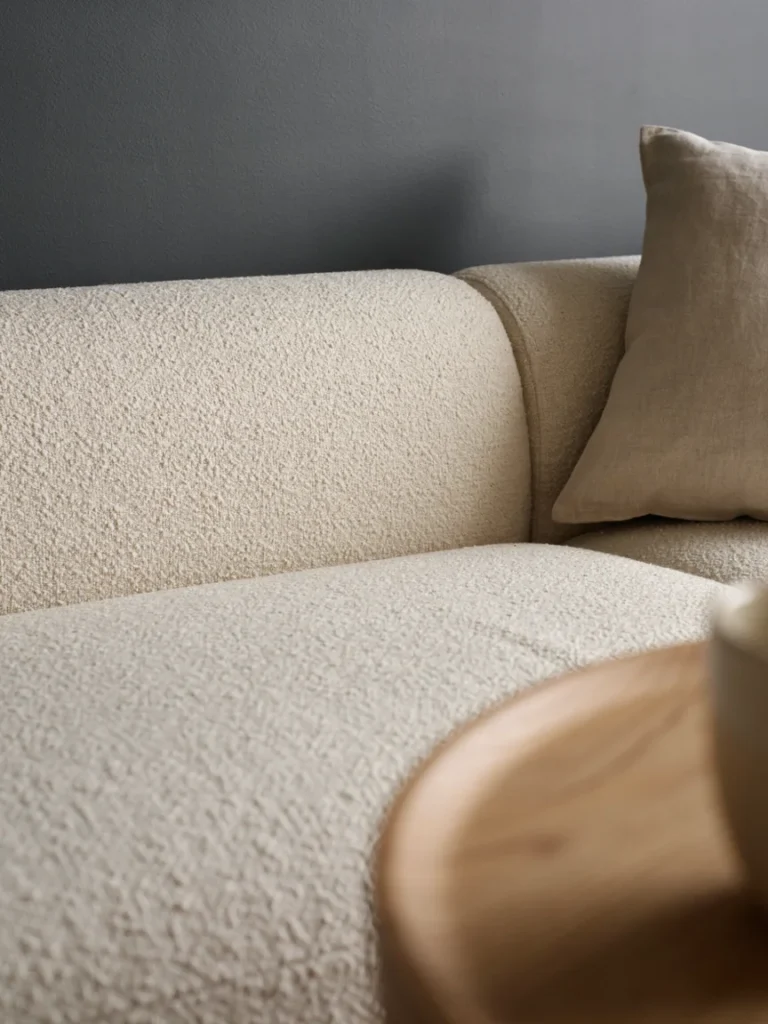 Close up of a cream colored sofa against a deep charcoal wall, strong visual contrast, warm natural light highlighting the fabric texture against the dark backdro