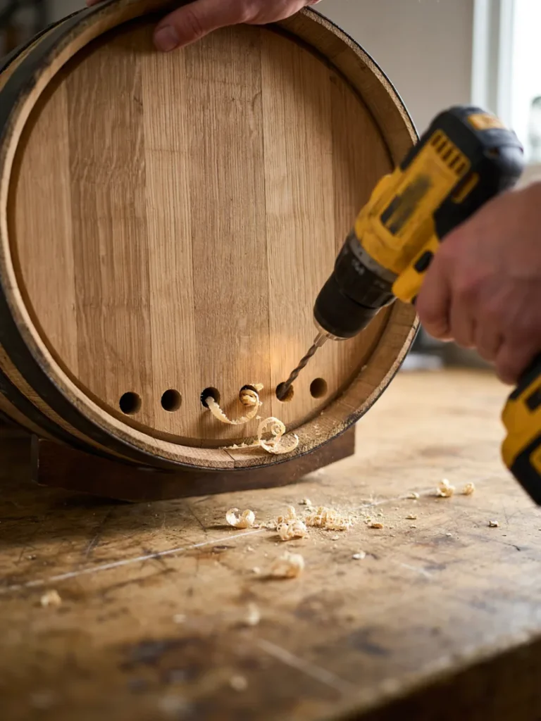 Close up of a drill creating evenly spaced holes along the bottom edge of an empty barrel, sawdust visible from the drilling process