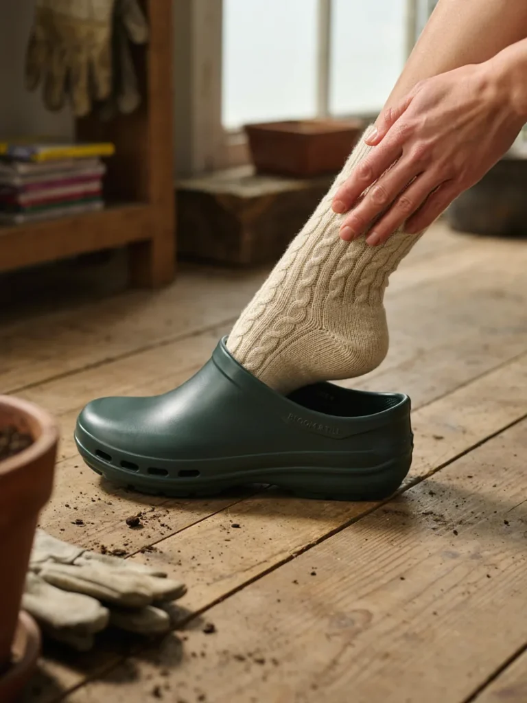 Close up of a foot being measured or fitted into a gardening clog with a thick wool sock, showing proper sizing technique.