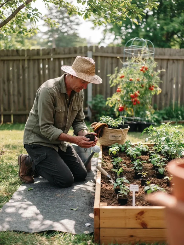 Close up of a gardener kneeling comfortably on a thick foam gardening mat while tending to a raised bed, warm natural light, practical comfort gear in use