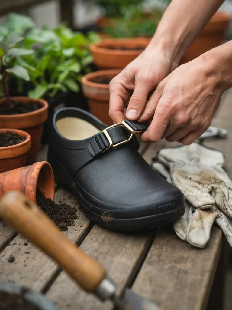 Close up of a gardening clog with an adjustable strap buckle across the top of the foot, being fastened by hand
