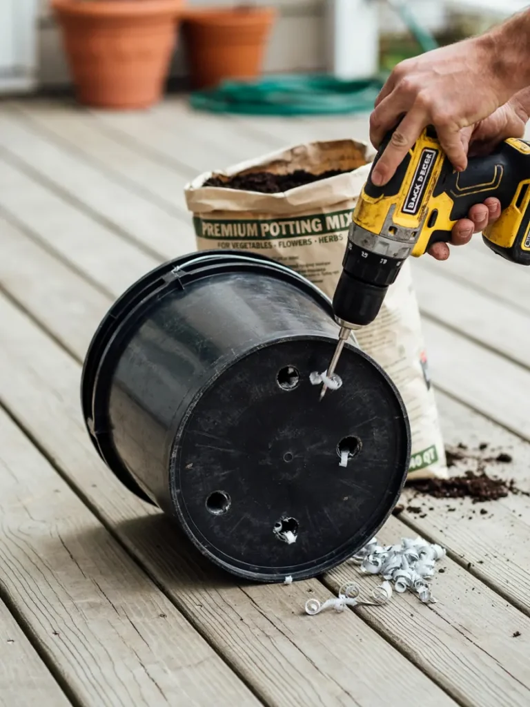 Close up of a hand drilling drainage holes into the bottom of a five gallon bucket, with a bag of potting soil nearby ready for filling
