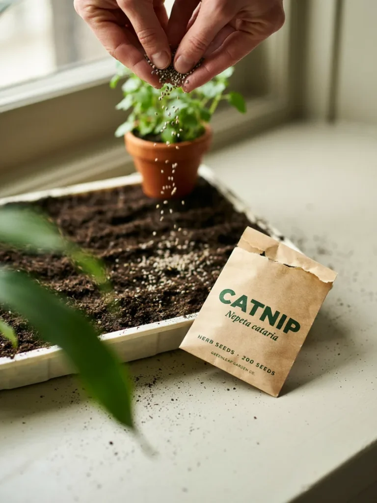 Close up of a hand sprinkling catnip seeds into a small tray of soil, with an empty seed packet visible beside it