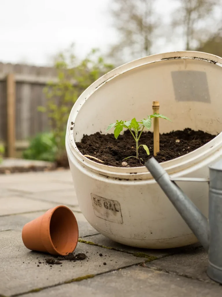 Close up of a large plastic barrel cut in half and filled with rich soil, a young tomato seedling freshly planted inside, sitting on a patio.
