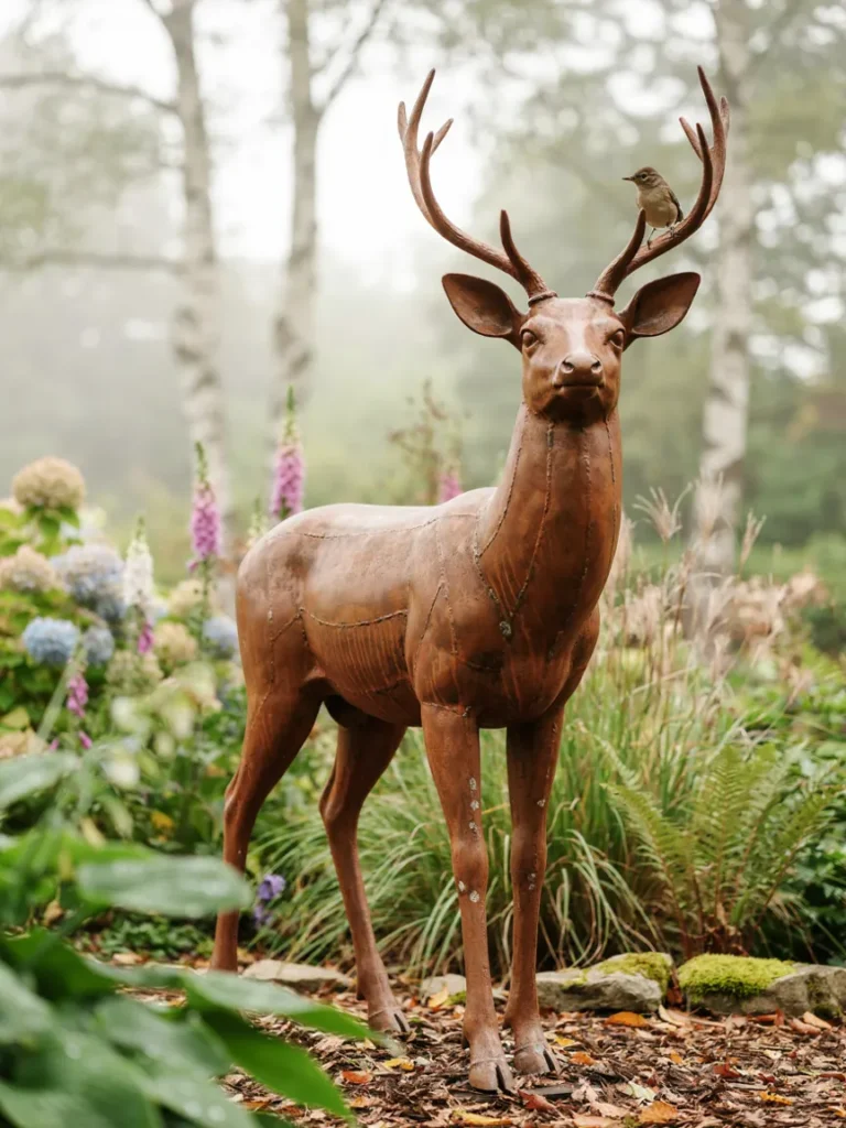 Close up of a life sized metal deer statue standing at the edge of a wooded garden border, illustrating how animal decor blends with a natural landscape.