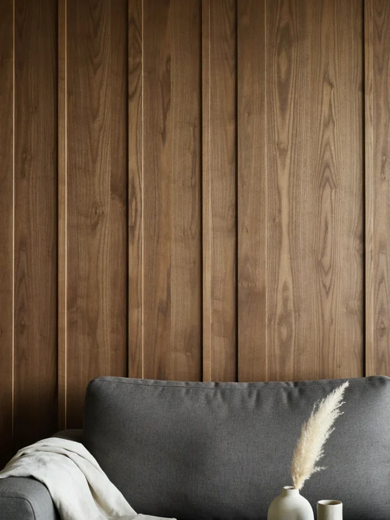  Close up of a medium dark wood paneled accent wall behind a sofa, warm wood grain texture, natural lighting emphasizing depth and richness