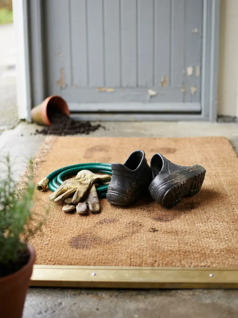 Close up of a pair of muddy gardening clogs sitting by a back door mat, with a hose and gardening gloves nearby, showing the everyday practicality of slip on garden footwear