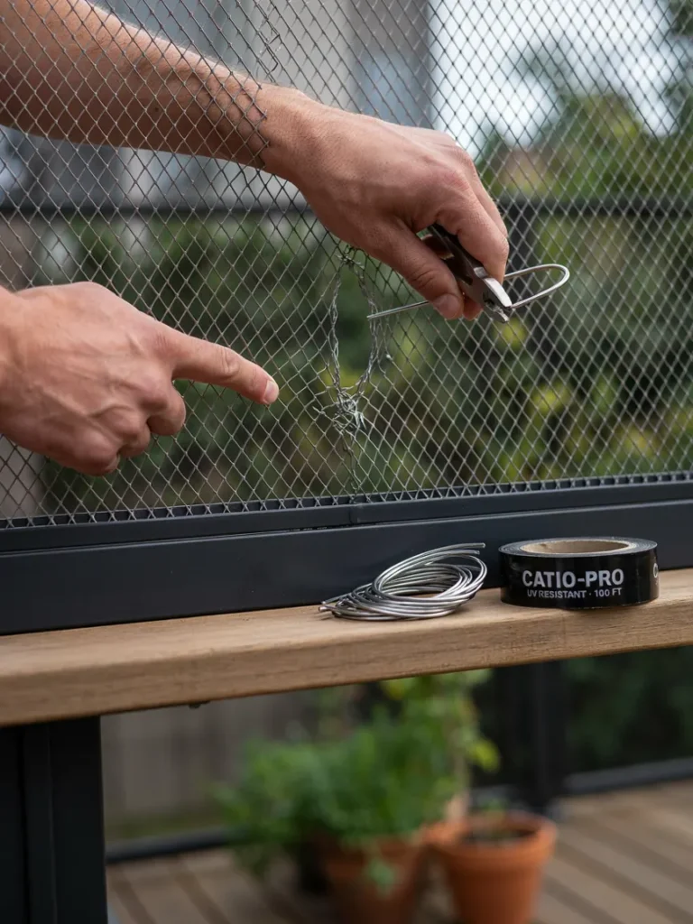 Close up of a person inspecting a mesh seam on a catio wall for gaps or wear, tools in hand for a quick repai