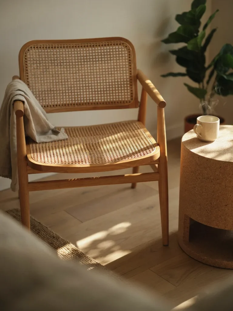 Close up of a rattan accent chair beside a cork side table, natural woven textures, warm sunlight highlighting material detail