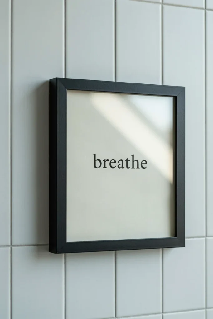 Close up of a simple matte black frame holding a bathroom quote print, sealed glass front reflecting soft light, clean edges showing a finished professional look