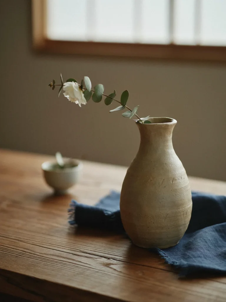 Close up of a slightly uneven handmade ceramic vase and visible natural wood grain on a low table, illustrating the wabi sabi principle behind Japanese style bedroom decor