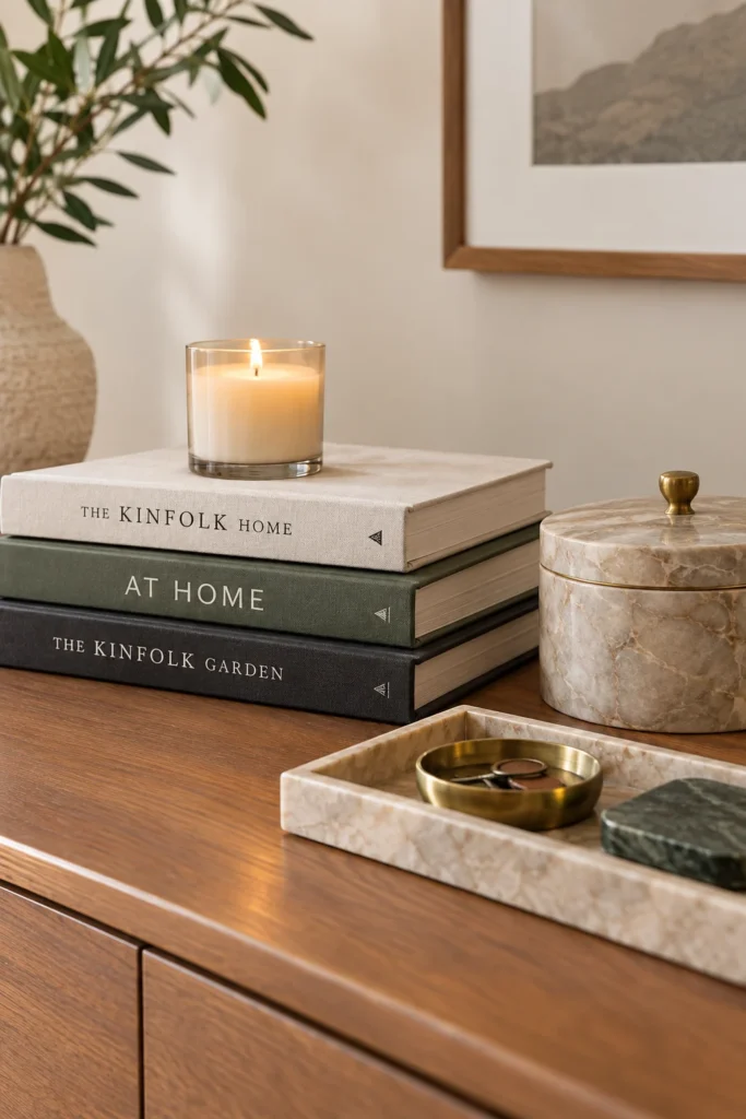 Close-up of a styled book stack with a small candle on top