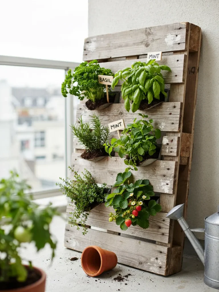 Close up of a vertical pallet garden mounted on an apartment balcony wall, small pockets of soil bursting with herbs and strawberry plants.]
