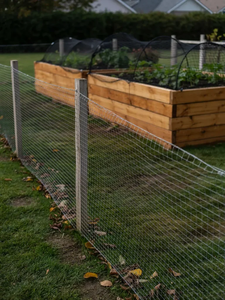 Close up of angled cat proof fencing along a garden perimeter, with a raised bed covered by protective mesh visible in the background.
