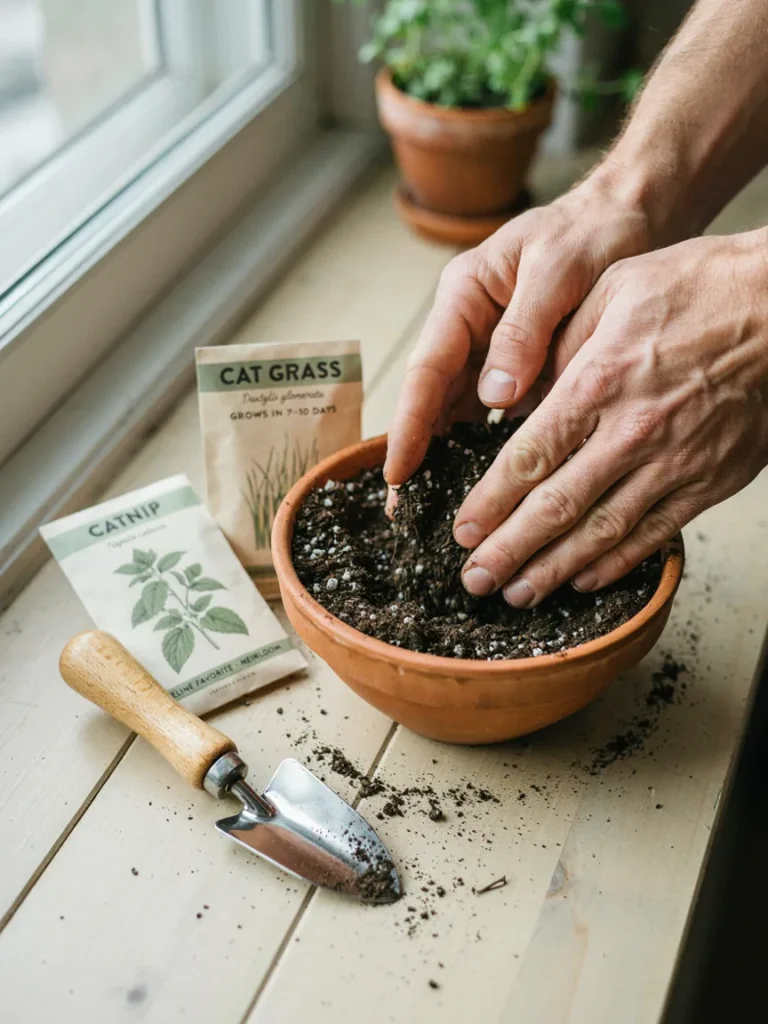 Close up of hands filling a shallow pot with seed starting mix, seed packets of cat grass and catnip resting beside it