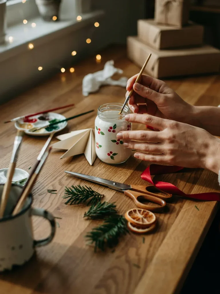 Close up of hands finishing a handmade Christmas decor piece, a painted jar or paper star, on a craft table with scissors and ribbon nearby, warm natural light