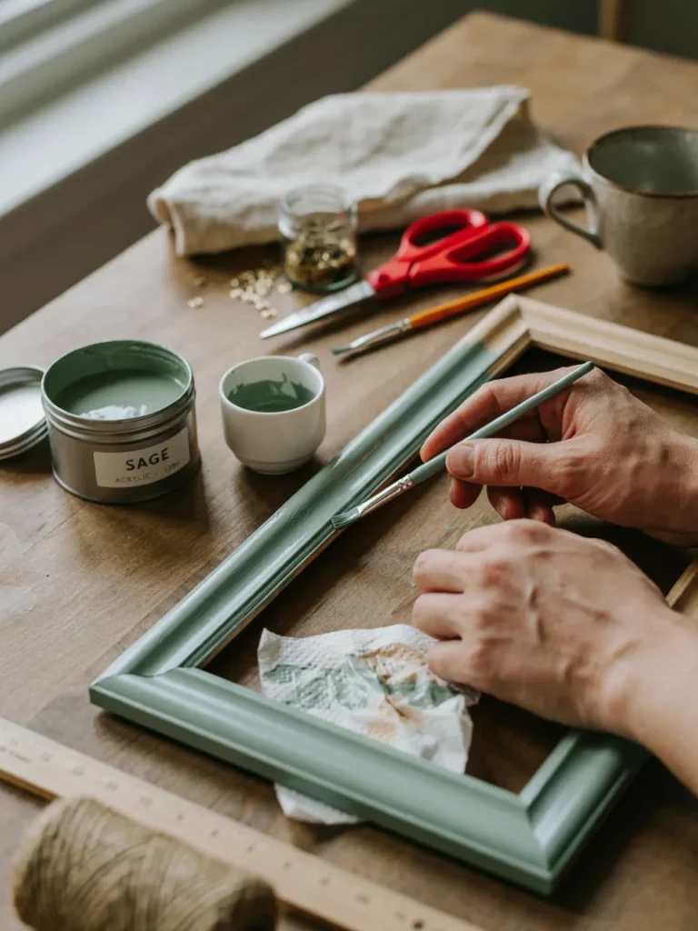 Close up of hands finishing a handmade DIY decor piece, a painted frame or fabric project, on a craft table with scissors and paint nearby, warm natural light]