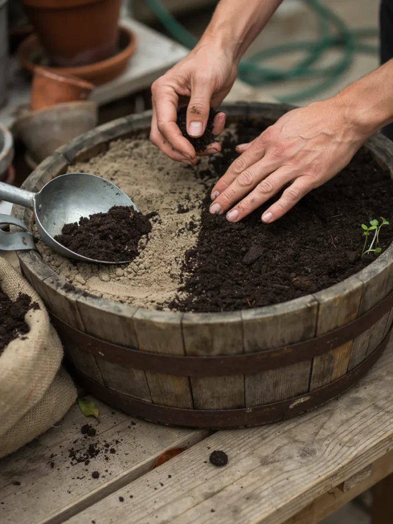 Close up of hands removing the top layer of old soil from a barrel and replacing it with dark, fresh compost.