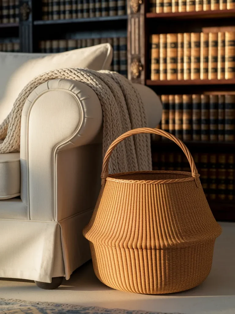 Close up of woven wicker basket texture beside a white sofa and knit throw