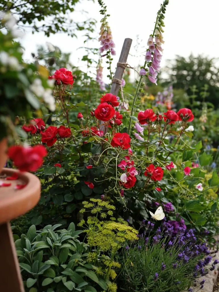 Close-up shot of layered cottage garden planting, showing herbs, roses, and foxgloves growing closely together