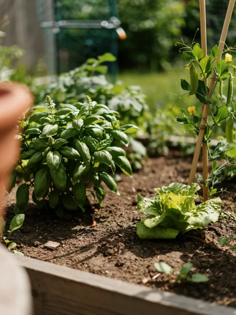 Close up shots of basil, peas, and lettuce plants growing in a garden bed, styled as a playful visual pairing for plant based wordplay.
