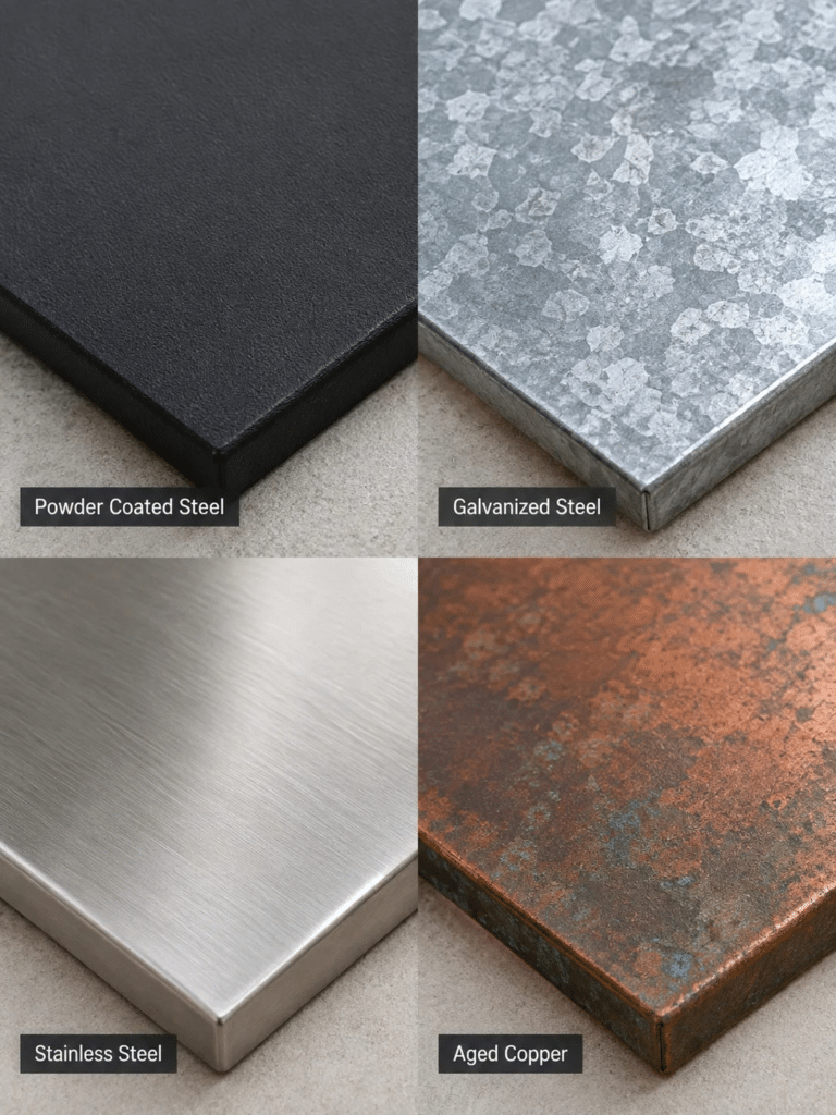 Close up shots of four different metal finishes arranged together, powder coated steel, galvanized steel.