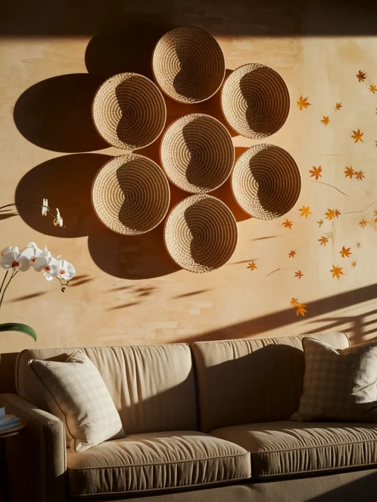  Cluster of flat wicker wall baskets hung above a living room sofa as low cost wall art
