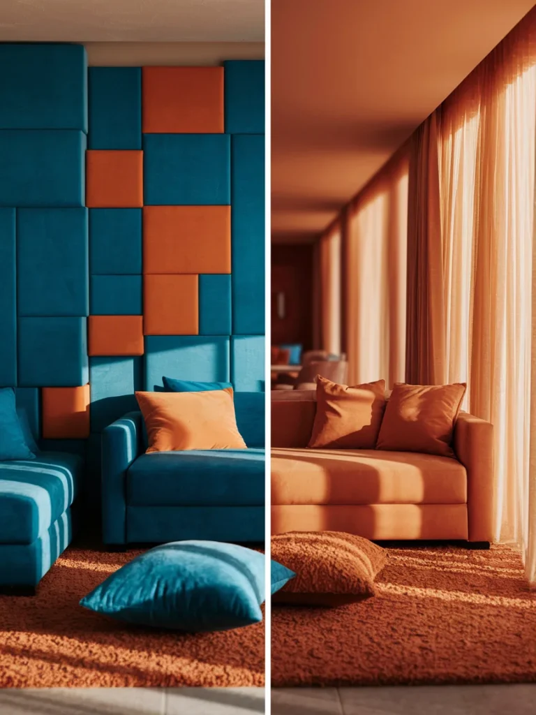  Cluttered versus balanced blue and orange living room decor showing common color mistakes