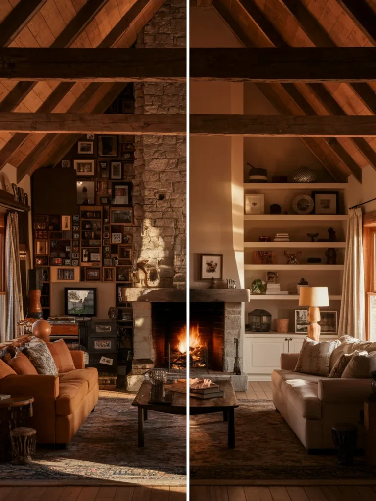 Cluttered versus balanced cabin living room decor comparison showing common styling mistakes