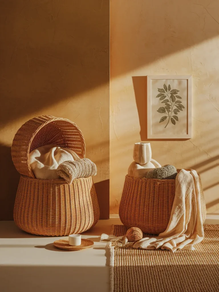 Cluttered versus balanced living room wicker basket decor showing common styling mistakes