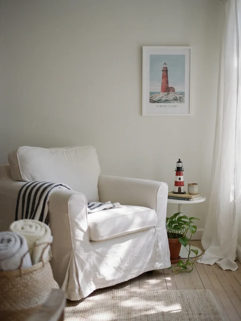 Coastal styled living room corner with a white and blue palette, a model lighthouse on a side table, and a framed lighthouse print on the wall, warm natural light