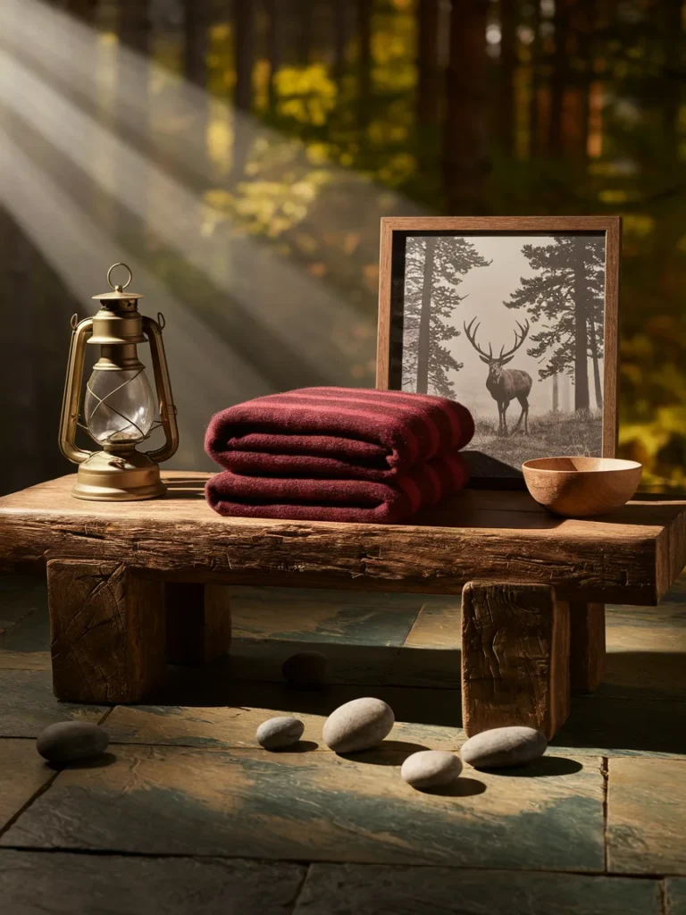 Collage of core cabin living room decor elements including wood, stone, flannel, lantern, and forest art